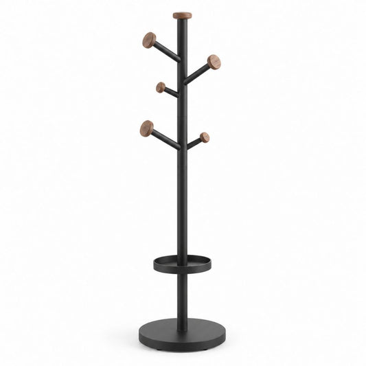 Boden Kleiderbügel mit 5 Haken und Tablett, Struktur aus schwarzem Stahl und Holzterminals, 48 × 48 × 175 cm
