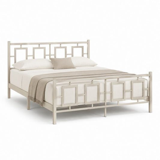 Beige Doppelbett aus Stahl mit geometrischem Kopfteil, Ruhefläche 160 × 200 cm, Abmessungen 168 × 209 × 105 cm