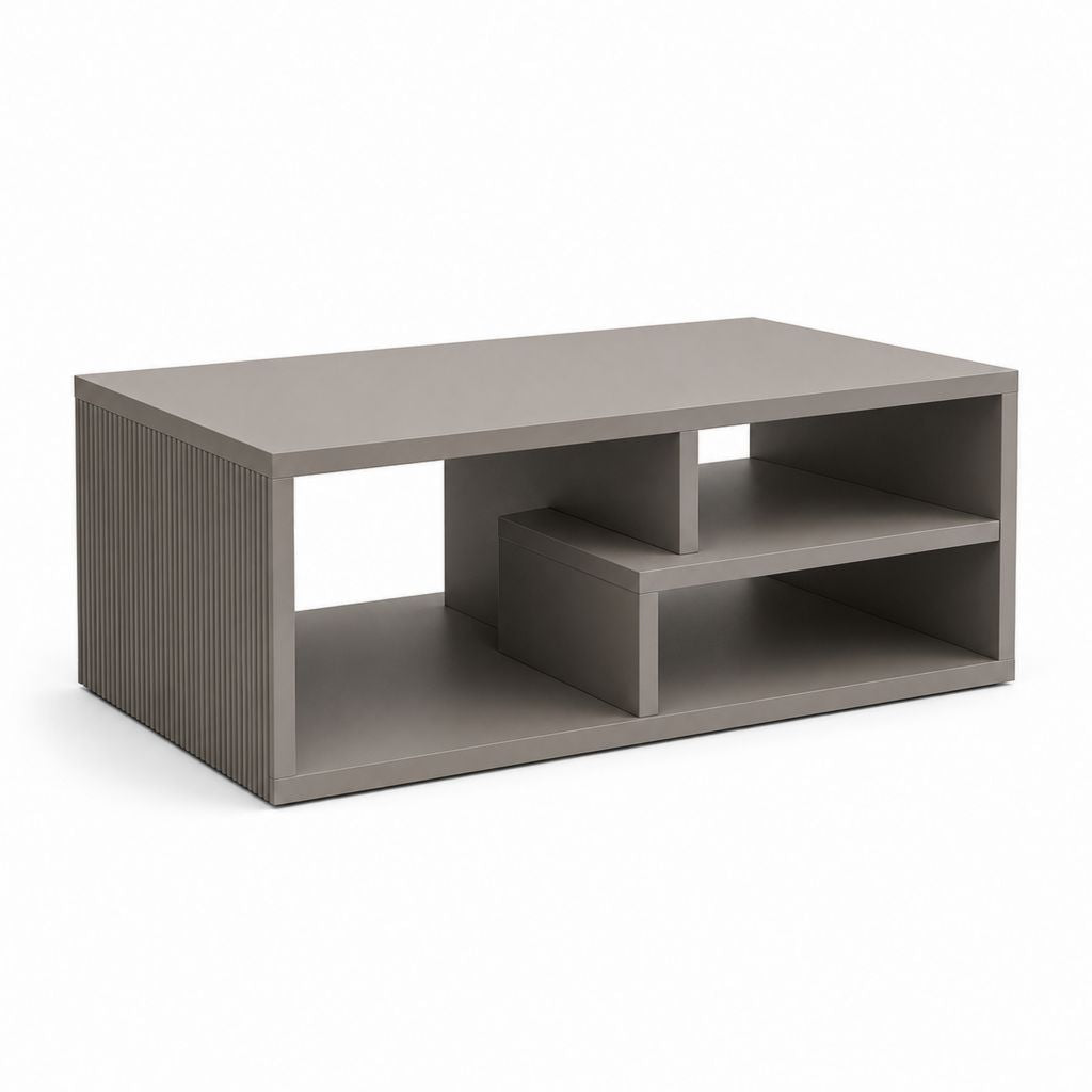 Rechteckiger Couchtisch aus MDF-Wurzel grau mit offenen Regalen, 100 × 60 × 45 cm