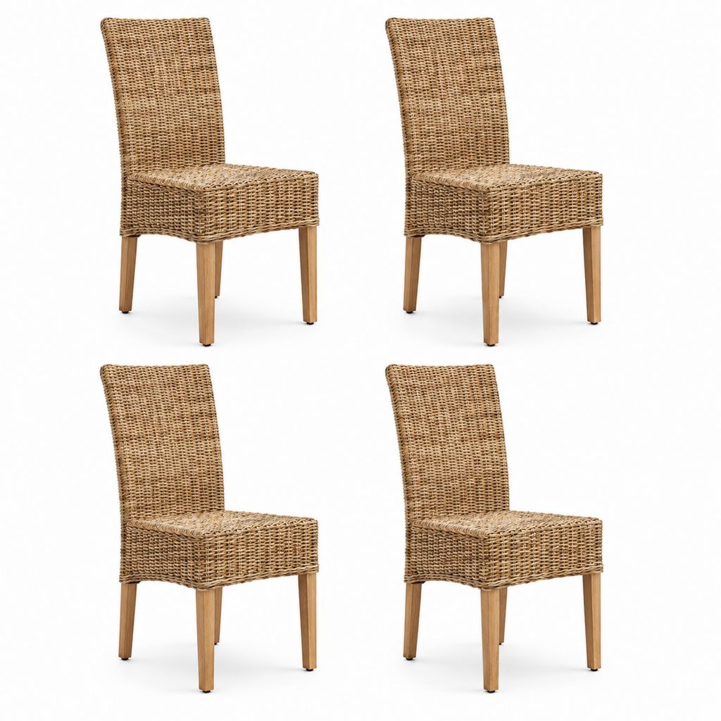 4er-Set Esszimmerstühle aus natürlichem Rattan und Massivholz, braun, 47 × 59 × 97 cm