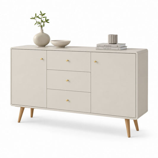 Rechteckiger Glaube aus MDF und Massivholz mit 2 Türen und 3 Schubladen, beige, 120 × 40 × 80 cm