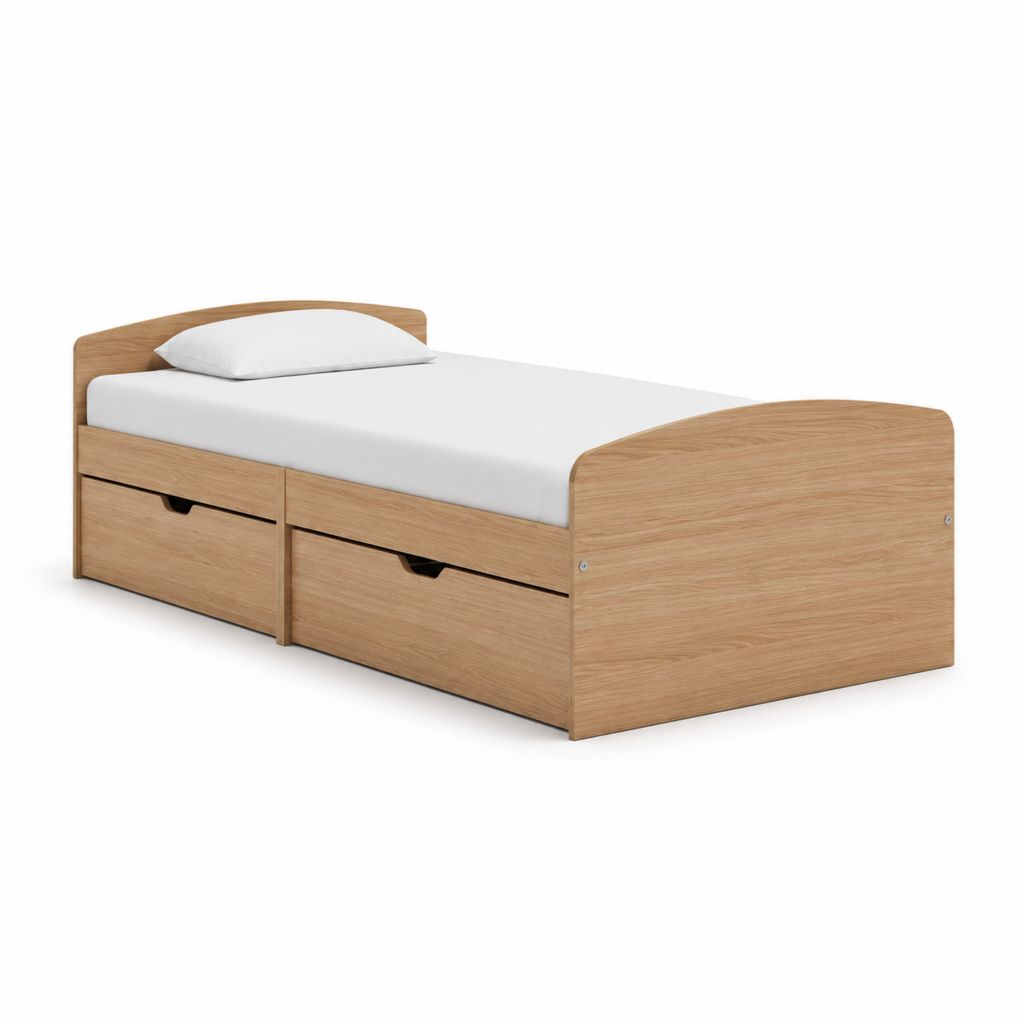 Einzelbett mit 2 Schubladen aus Naturholzplatte, Oberfläche 90 × 200 cm, Größe 205 × 96 × 80 cm
