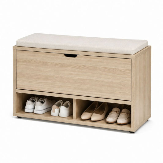 Holzbank-Stiefel mit gepolstertem Sitz, Klapptür und 2 Zimmern, helle Eiche und Beige, 100 × 35 × 60 cm