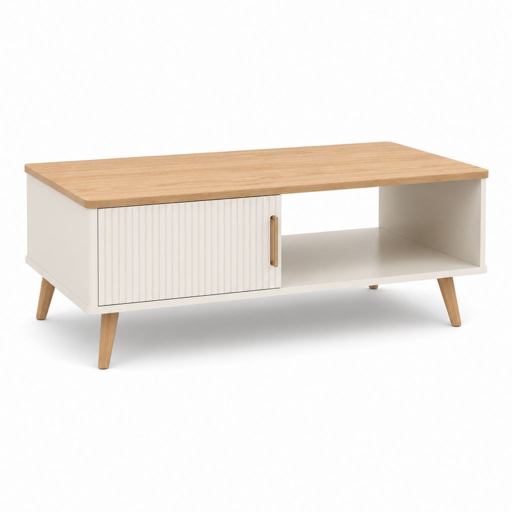 Rechteckiger Couchtisch aus MDF und Bambus mit Tür und offenem Raum, weiß und Naturholz, 100 × 50 × 45 cm