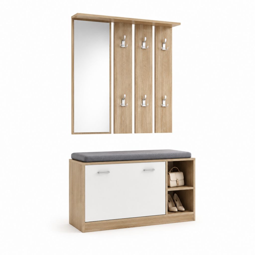 Einlass-Schuhkomposition mit gepolsterter Bank, Spiegel und 6 Haken aus melaminischer Schnitzplatte, helle Eiche, weiß und grau, 100 × 35 × 150 cm