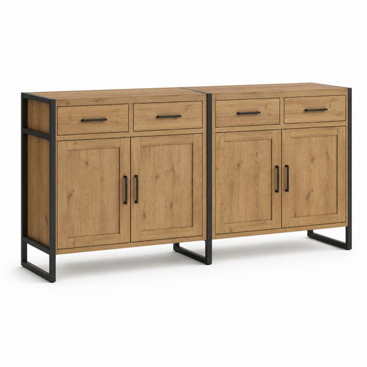 Set aus 2 Holz- und Metallschmuck, braune Eiche und schwarz, 4 Schubladen und 4 Türen, 160 × 35 × 80 cm