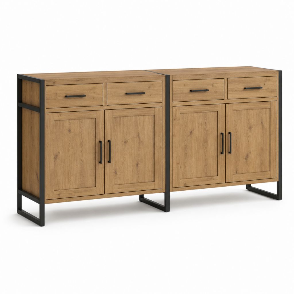 Set aus 2 Holz- und Metallschmuck, braune Eiche und schwarz, 4 Schubladen und 4 Türen, 160 × 35 × 80 cm